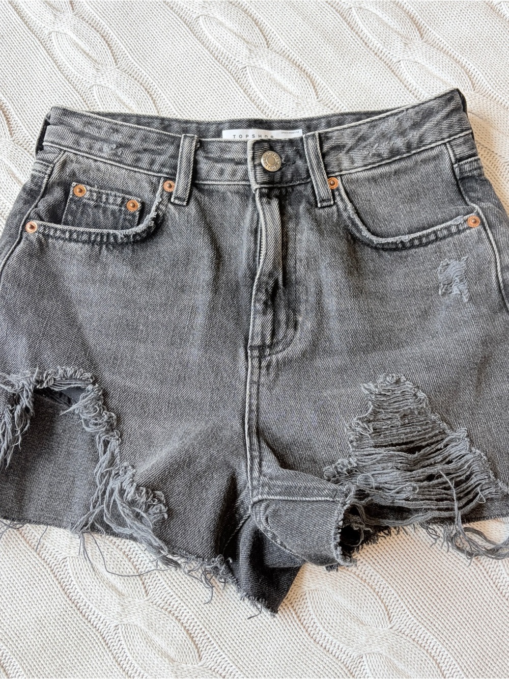 Topshop Distressed Black-Gray Denim Jean Shorts